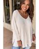 White Waffle Knit Side Slits Loose Fit V Neck Top
