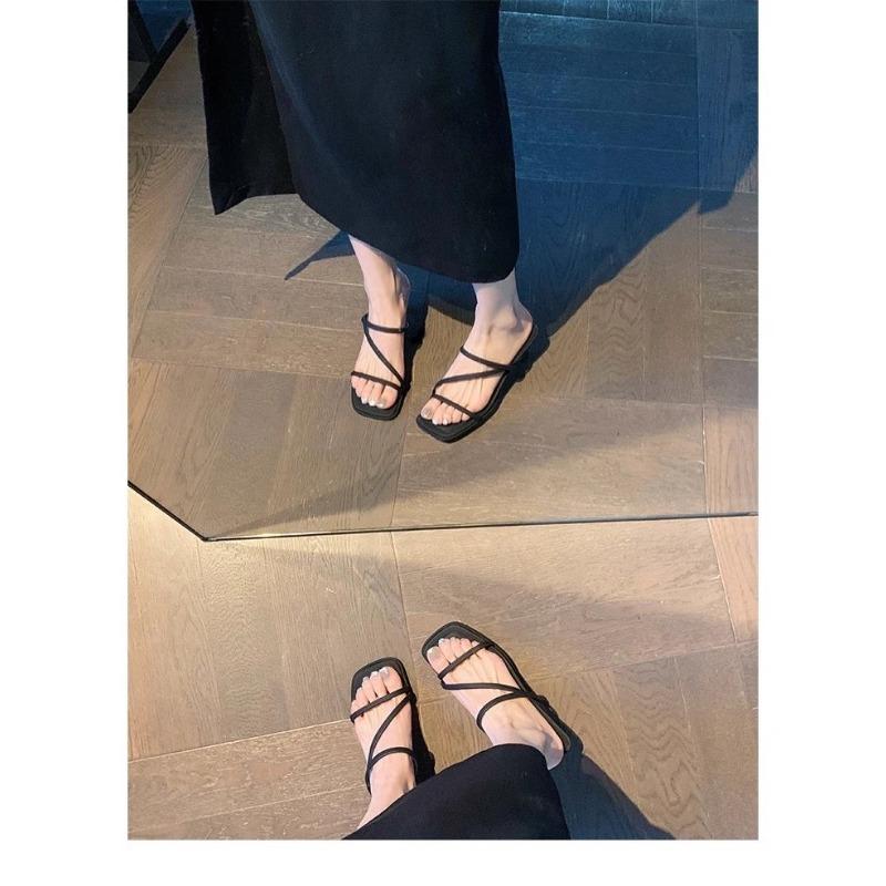 Summer New Women's High Heel Slippers Fashion Square Toe Grace Narrow Band Solid Casual Daily Slippers Zapatos De Mujer