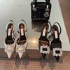 2024 New High-heeled Rhinestone Square Buckle Pointed Toe Sandals Women's Stiletto Side Empty Back Strap Women's Shoes