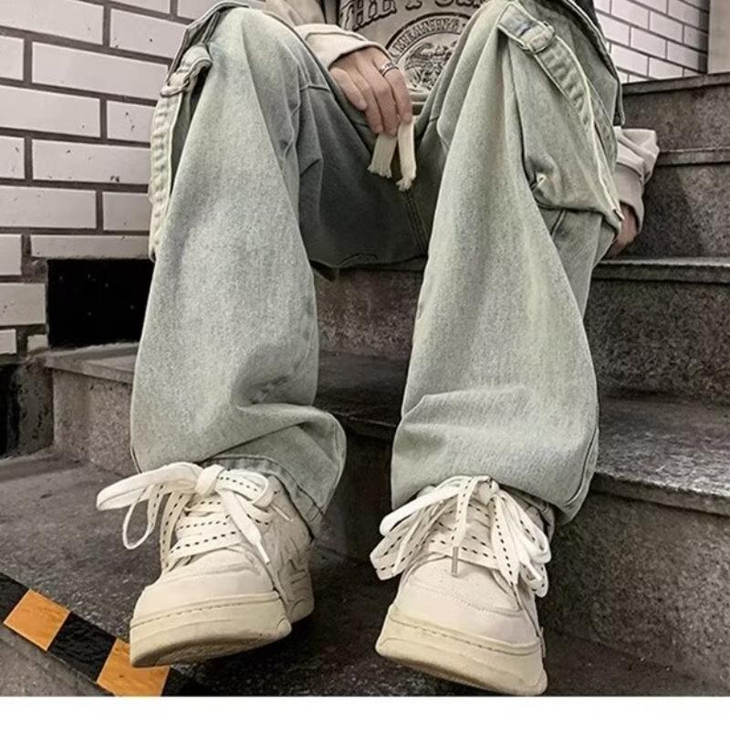 Trendy Fashion Japanese Overalls Jeans Men and Women American Retro High Street Micro-la Washed Wide-leg Straight Pants