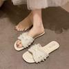 2025 Summer New Fairy Beach Pearl Cool Slippers Female Wear Flat Bottom Small Fragrant Style One-word Drag Foreign Style Explosion