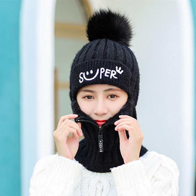 Women Winter Knitted Hat New Add Fur Lined Warm Winter Pompoms Hats For Women Keep Face Ear Warm Cap