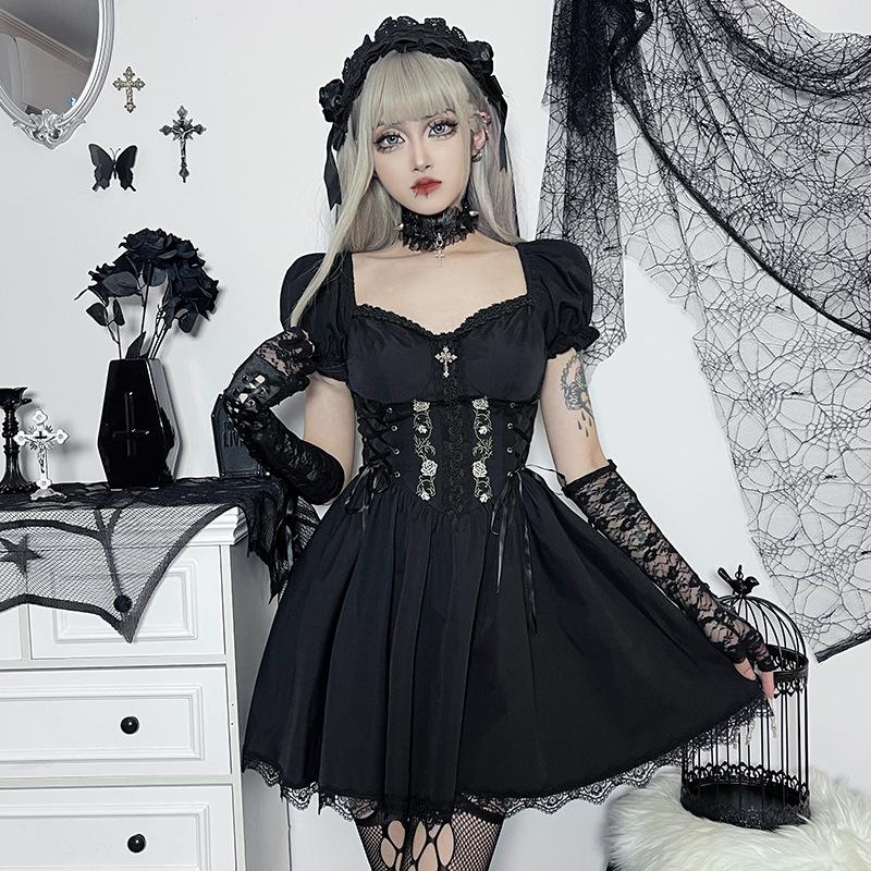 AltGoth Vintage Gothic Princess Dress Women Dark Harajuku Lace Up Cross Corset Dress Streetwear Partywear Lolita Dress Female