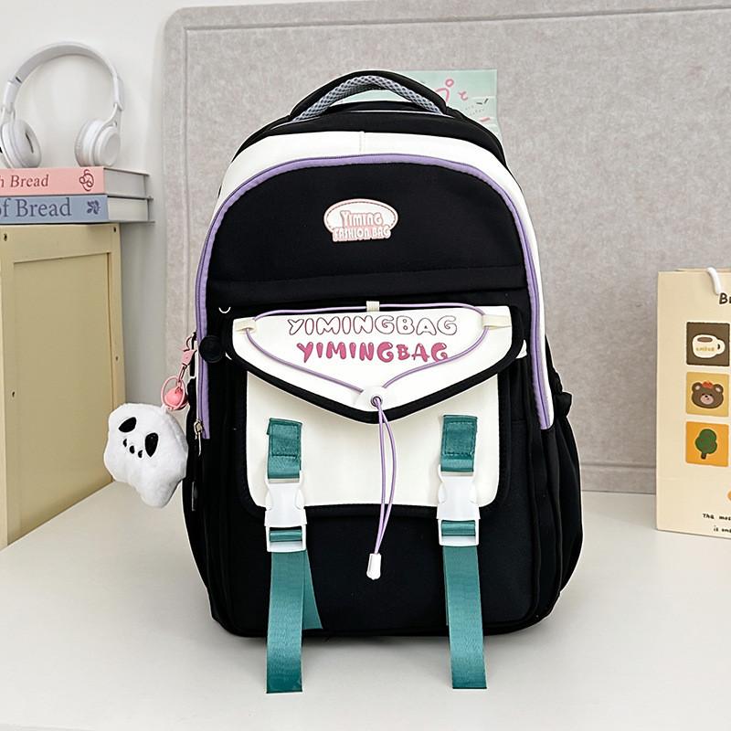 Color Cute Blocked Letter Printed Student Leisure Backpack With Pendant Plush