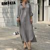 Cotton Linen Dress Long Skirt with Shirt Collar Button