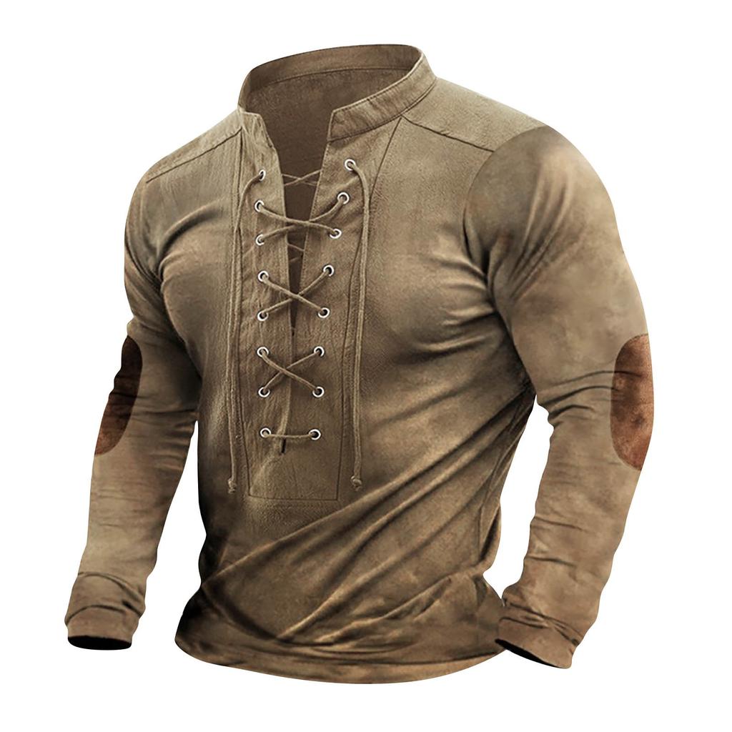 Men's Vintage Outdoor Sports Long Sleeve Top Lace-Up Stand Collar Shirt