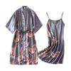 2 Pcs/Set Women Ice Silk Pajama Set Satin Printed V Neck Spaghetti Strap Loose Nightdress Half Sleeve Lace-up Waist Nightgown Lady Sleepwear