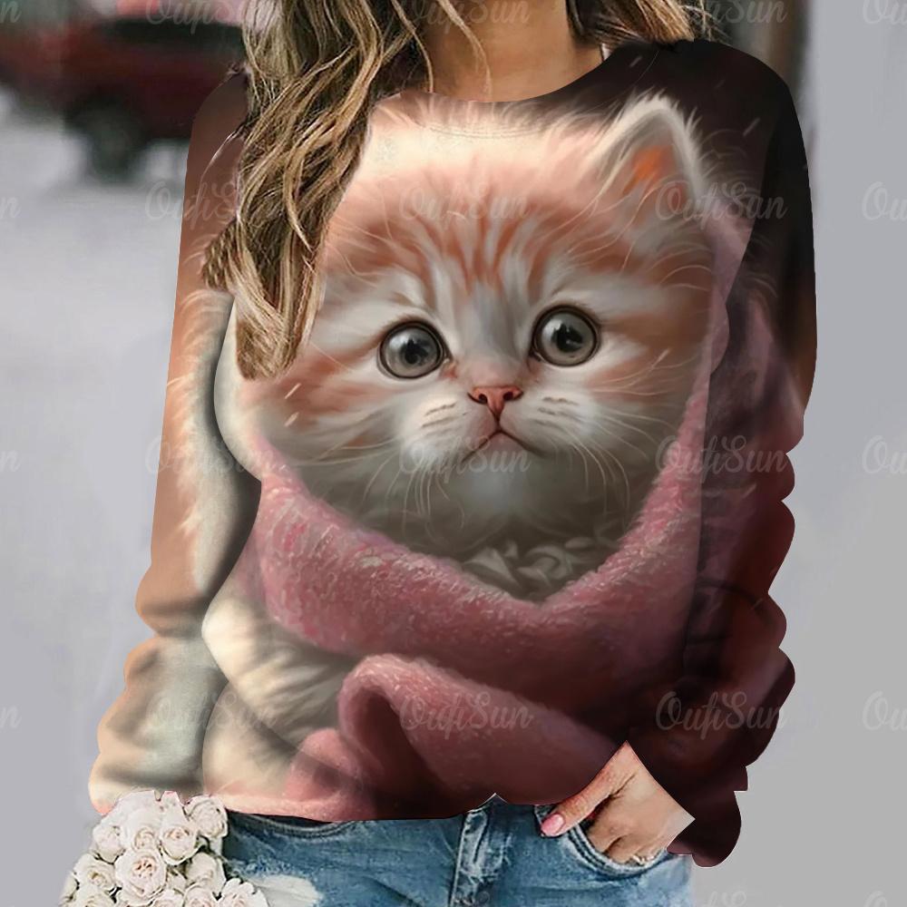 Autumn/Winter Cotton Women's T-shirts Cute Cat Print Casual Long Sleeves Tees Pullover Fashion Loose Daily Women Clothing Tops