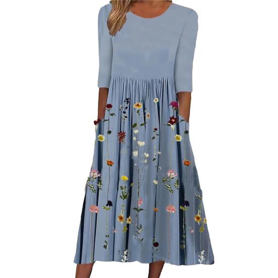 Women's Summer Flowy Midi Dress Boho Floral Pleated Dress with Pockets Casual Half Sleeve Crew Neck Swing Dress