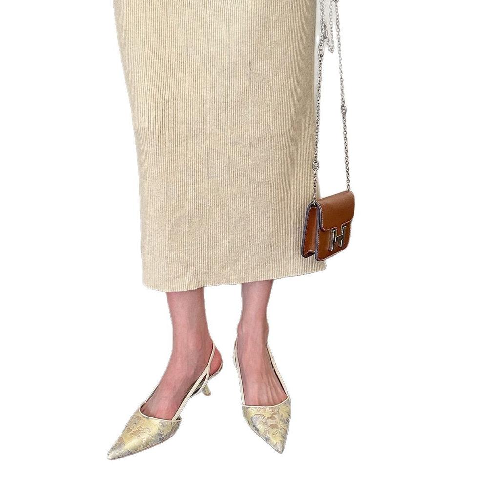 New High Heels Pointed Back Empty Child Chinese Embroidery Green Niche Cold Temperament Sandals Women's Spring