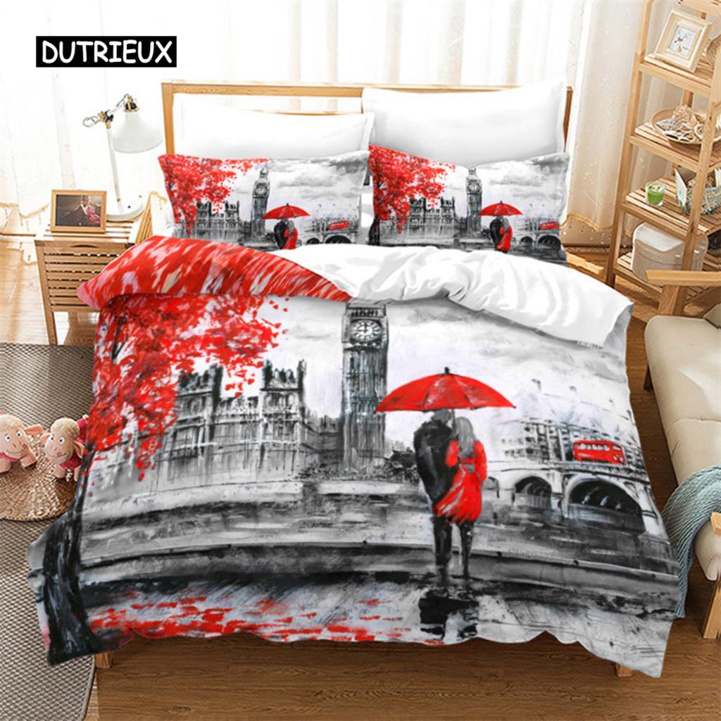 Duvet Cover Eiffel Tower Romantic Couple Flower King Comforter Cover Microfiber France Paris Cityscape Bedding Set for Teen