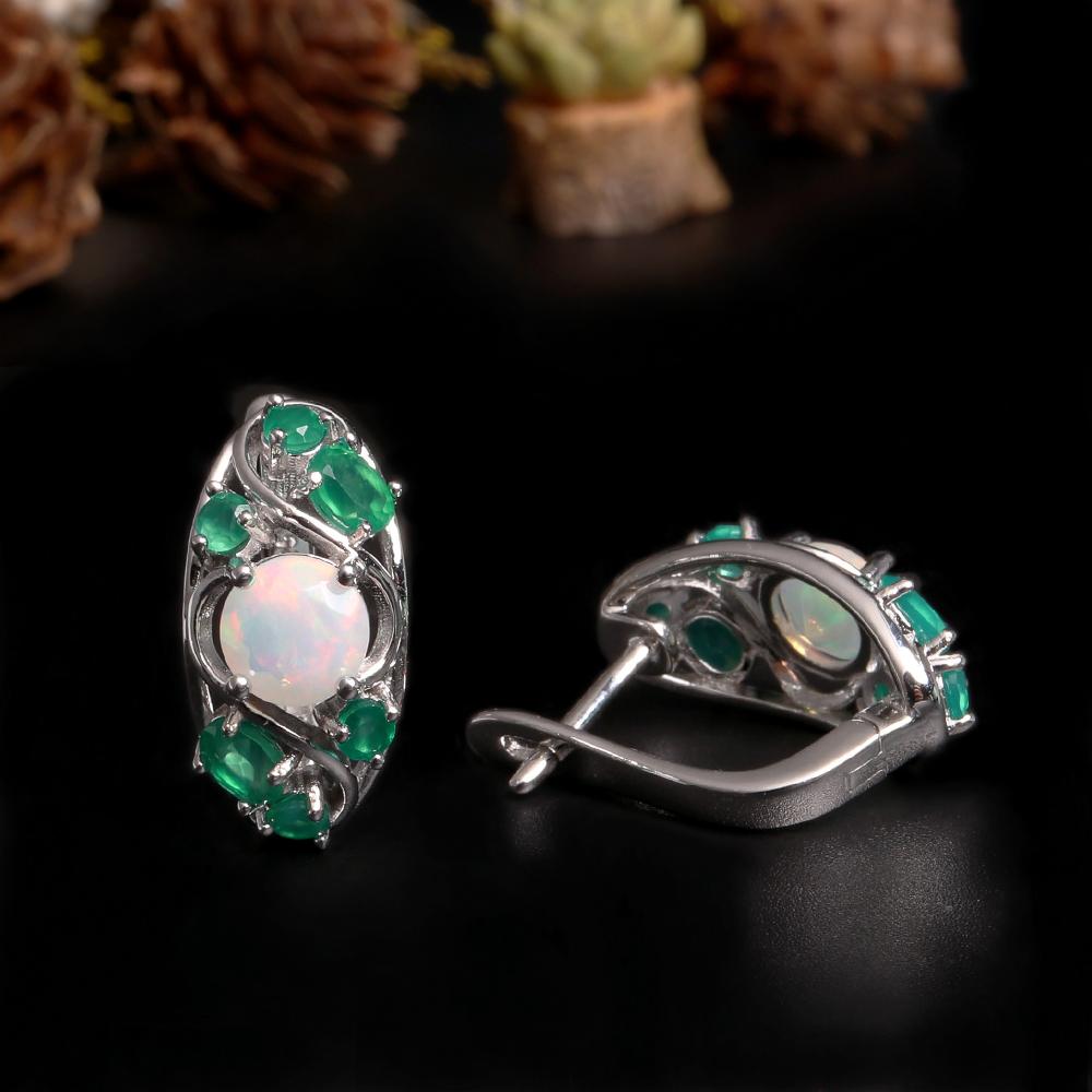 Luxury Design Natural Color Rich Opal & Green Agate Gemstone Ring Earrings Set Light Luxury Beautiful Jewelry for Women