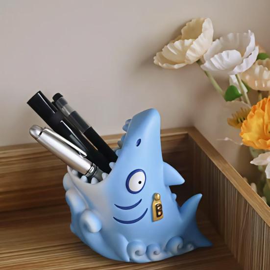 Shark Shape Pen Holder Stable Non-Slip Design Storage Box Large Capacity Stationery Makeup Brush Toothbrush Organizer