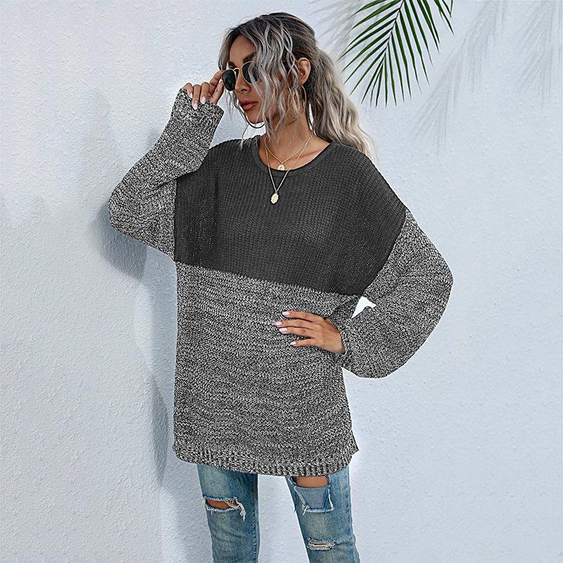 Autumn Women's Sweater Clashing Color Round Neck Inner Long Sleeve Knitted Sweater Medium Long Top