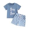 Toddler Boys Summer Outfits Letter Embroidery Short Sleeve T-Shirt and Checkerboard Shorts for 2 Piece Clothes Set