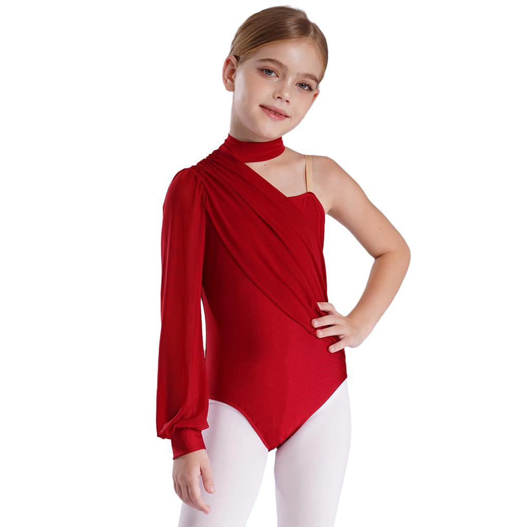 Girls Dance Leotard One Shoulder Design Mock Neck Long Sleeve Ruched Mesh Overlay Performance Bodysuit