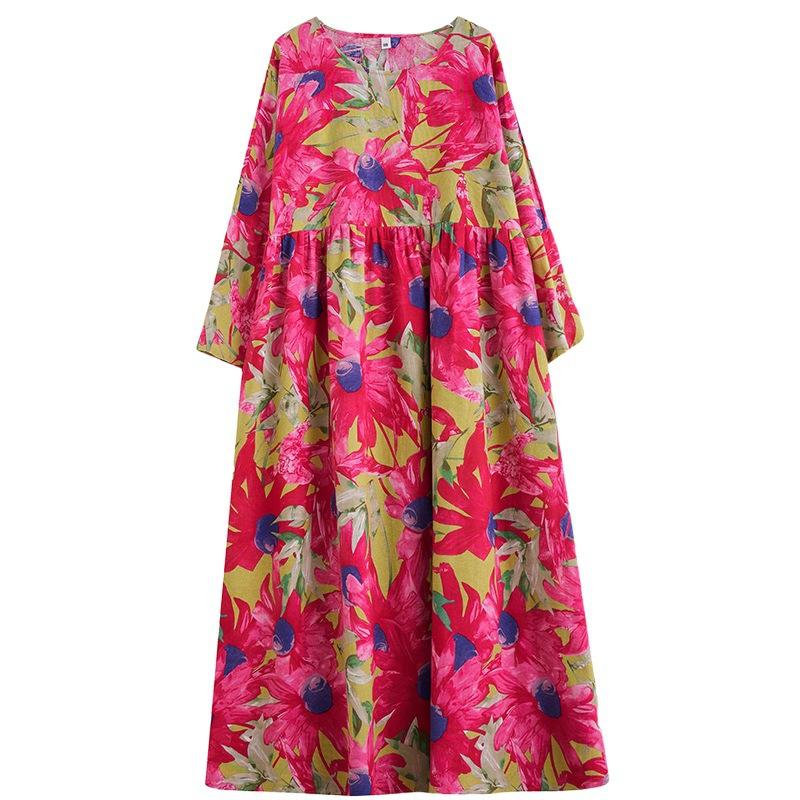 Round Neck Long Sleeve Bohemian Clothing Retro Autumn Cotton Linen Dresses Vintage Casual Floral Printed Long Dress for Women