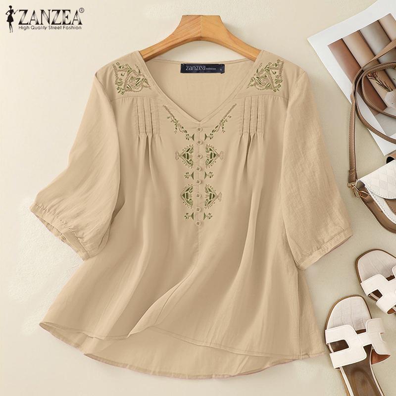 ZANZEA Women Casual V-Neck Half Sleeve Loose Embroidery Blouse