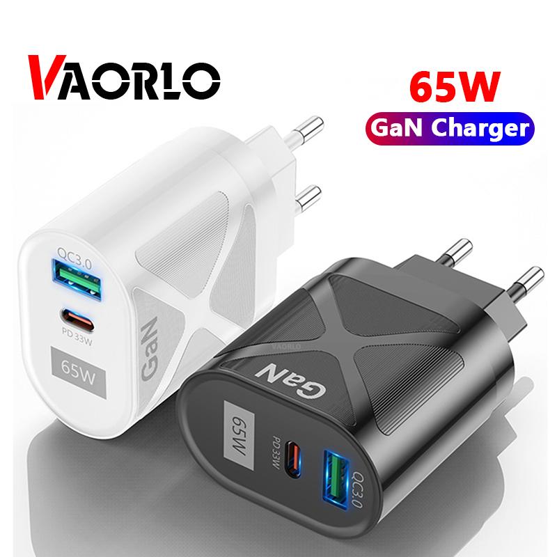 VAORLO 65W GaN Charger PD QC3.0 Fast Charging Quickly Charge Wall Charger EU UK US Ports