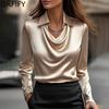 Women's Fashion Casual Spring Autumn Solid Color Print Long Sleeve POLO Neck Blouses & Shirts