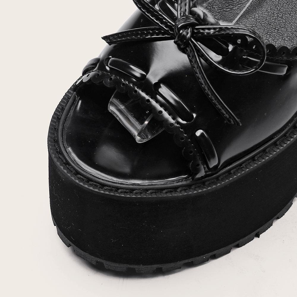 Gdgydh Platform Heels for Women Patent Leather Goth Platform Sandals Womens Chunky Heel Open Toe Ankle Strap Fashion Bowknot