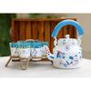 Hand Painted Kettle Set of 9 Pcs (Pack Contents - 1 Handpainted Kettle, 6 Handpainted Glass, 1 Iron Roped Stand, 1 Brown Natural Wood Tray