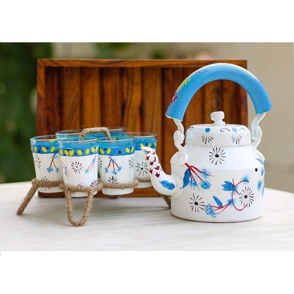 Hand Painted Kettle Set of 9 Pcs (Pack Contents - 1 Handpainted Kettle, 6 Handpainted Glass, 1 Iron Roped Stand, 1 Brown Natural Wood Tray