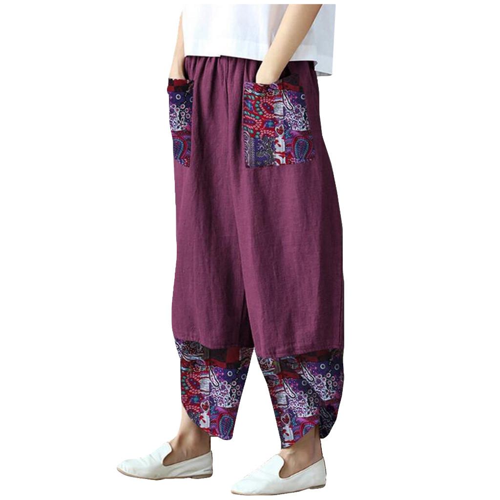 Women Casual Cotton Linen Print Patchwork Irregular Loose Wide Leg Pants