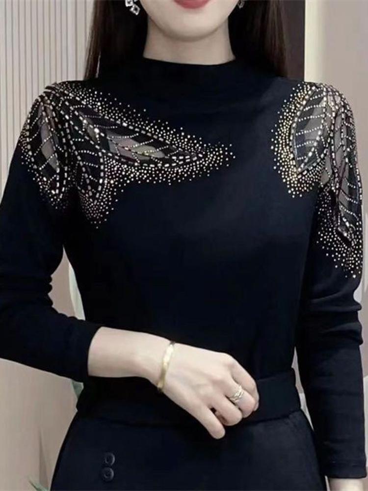 Women's Plush Lace and Hot Diamond Slim T-Shirt with Half-High Collar for Autumn/Winter 2024