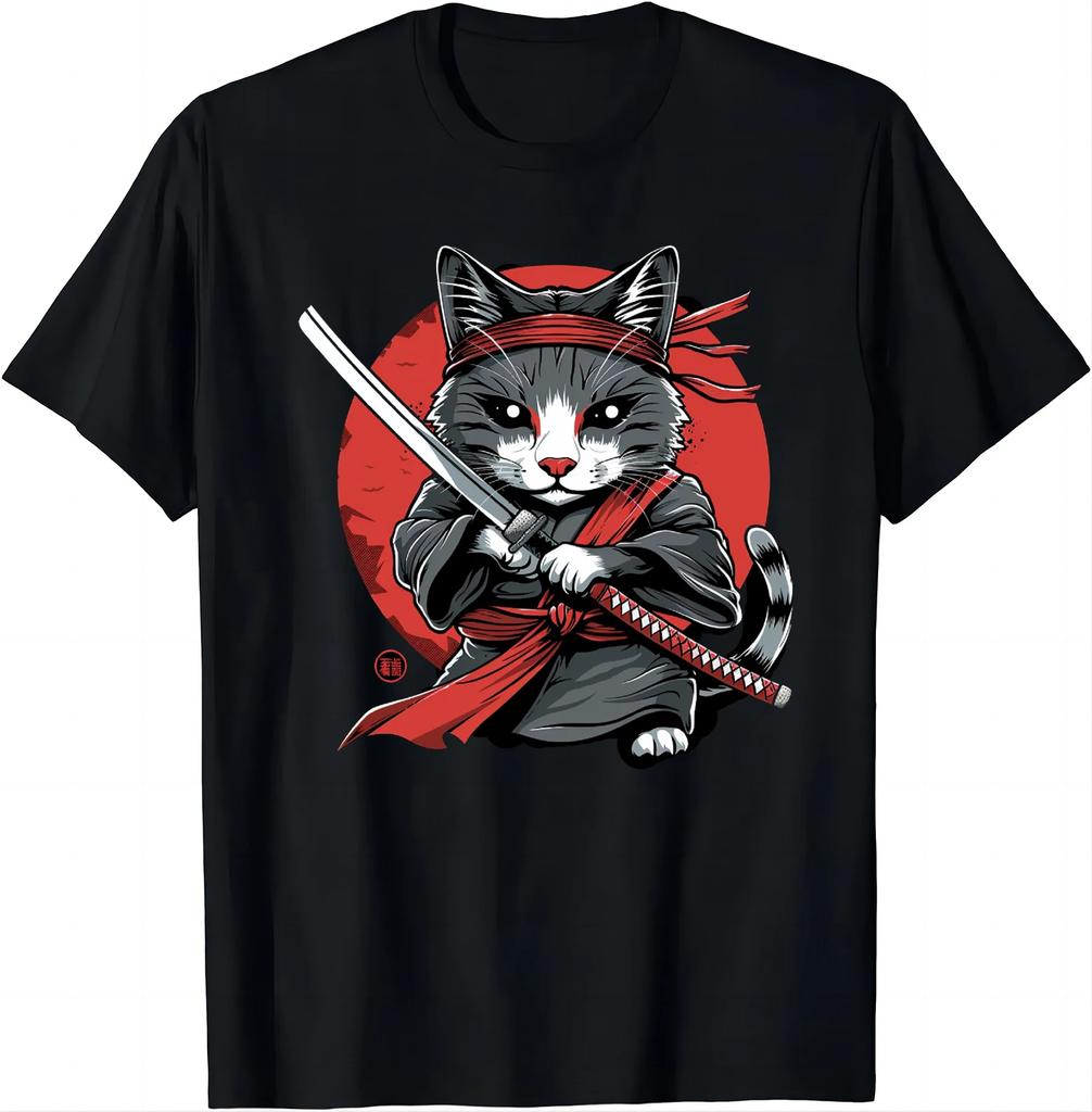 Japanese Samurai Cat Tattoo Kawaii Ninja Cat T-shirt Street Cool Casual Wear Women's Clothing Top Camisetas