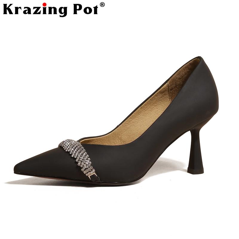 Cow Leather Pointed Toe High Heels Rhinestone Women Pumps