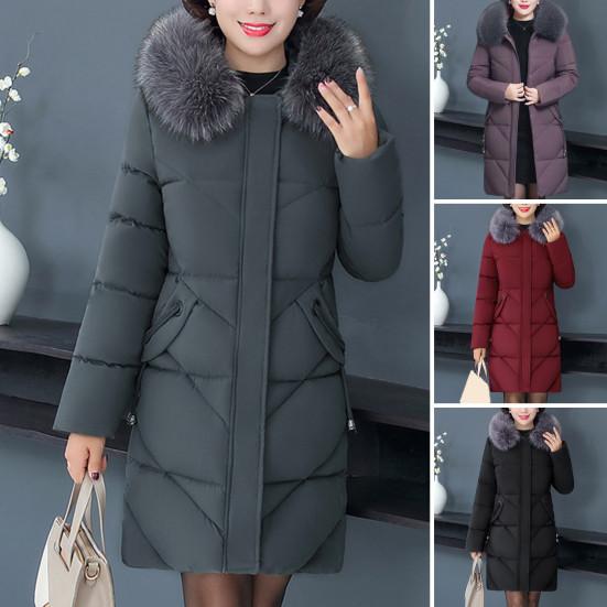 Winter Women Cotton Jacket with Furry Hood Neck Protection Plus Size Pockets Mid Length Zipper Closure Padded Coat Solid Color Windproof Outwear Parka