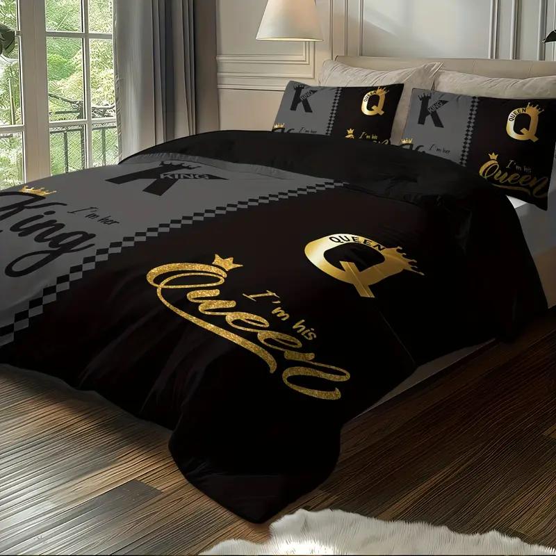 3pcs King Size and Queen Pattern, Black and Gray Printed Fashionable Bedding Set, 1duvet Cover+2 Pillowcases, for Home Bedroom