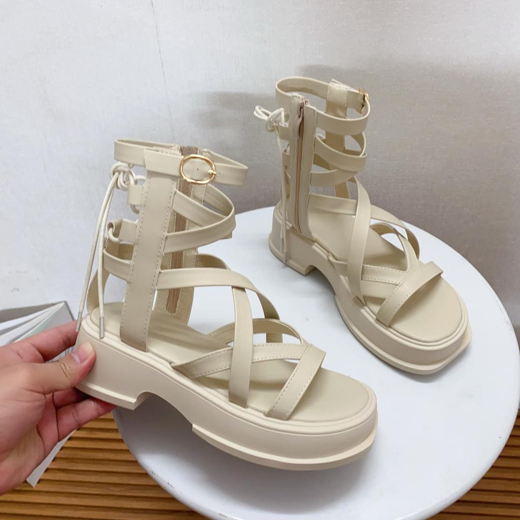 Thick-soled Flat-soled Heightened Lace-up Sandals Female Summer New Fairy Wind Open-toed Muffin Bottom Roman Cool Boots Tide