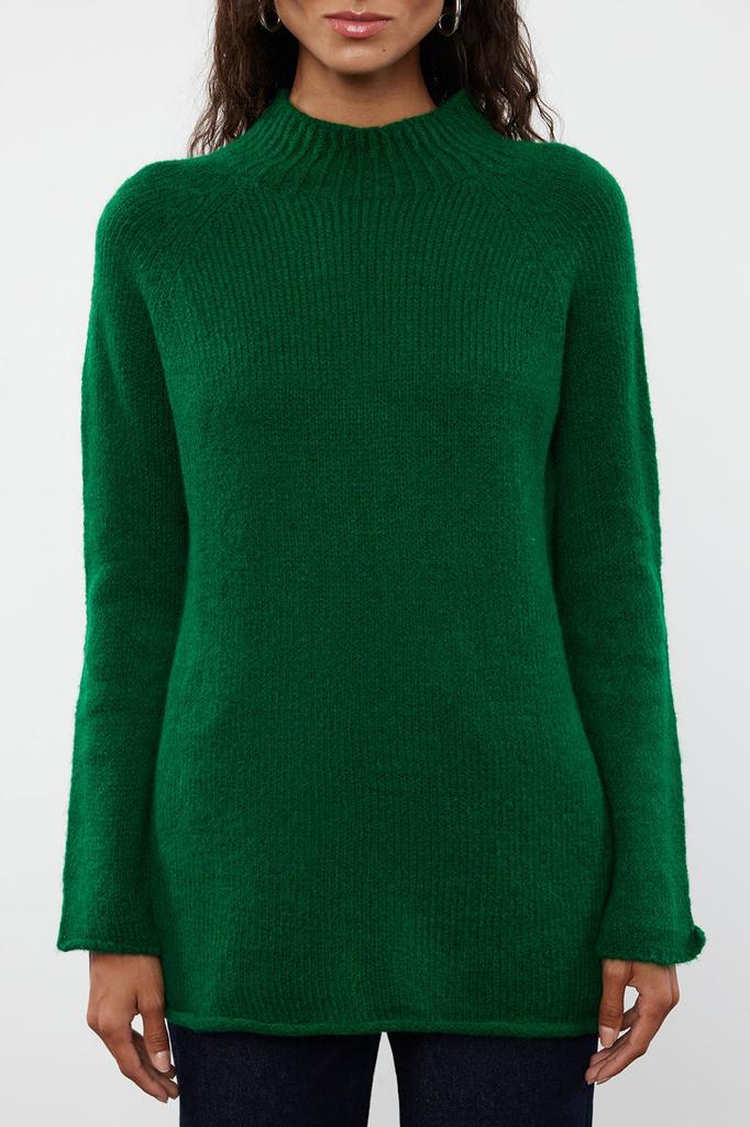 Women's Fashion Stylish Sweater Green Soft Textured Stand-Up Collar Seamless Knitwear Sweater