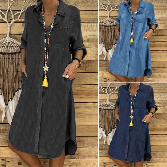 Women Dress Elegent Beauty Lady Dress Collar Splicing Summer Midi Long Lady Pocket Button Denim Loose Lapel Dress
