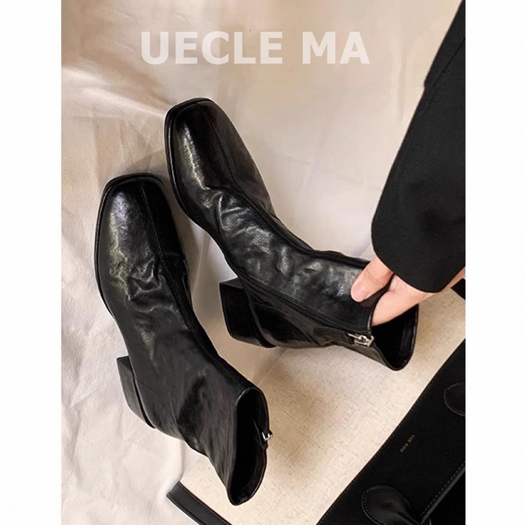 Cowhide~ Short Boots Women's Brown Korean Small Ankle Boots Martin Boots Chelsea Skinny Boots Women's French High Heels Autumn and Winter