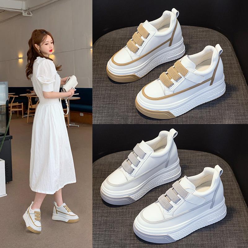 Board Shoes Women's 2025 New Leather Shoes Versatile Thick-soled Muffin Shoes Inner Height Increase Casual Women's Shoes Velcro Single Shoes
