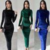 Women's Spring Fashion Solid Color Slim-fit Pleated Round Neck Long-sleeved Dress Dress