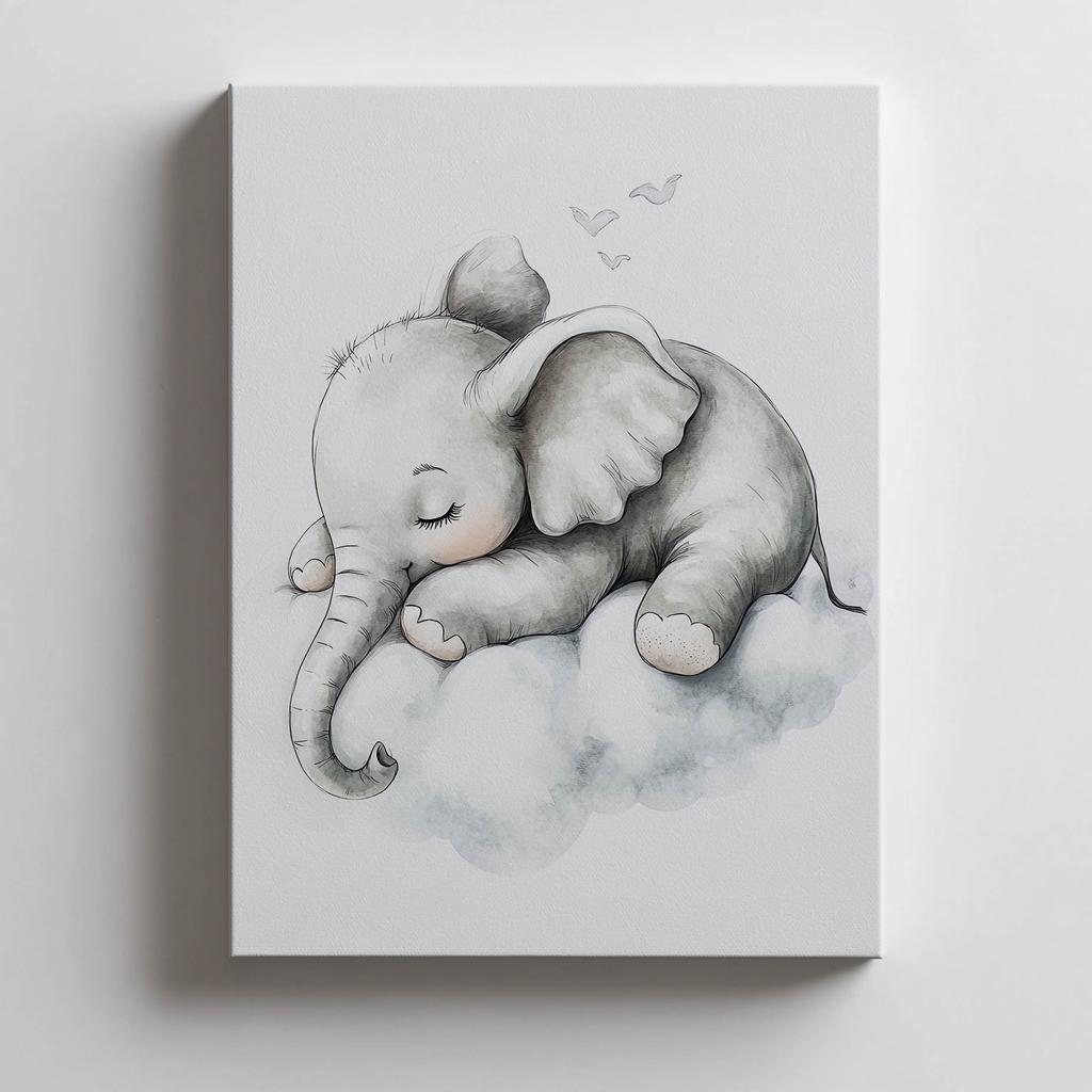 Plakat Senny Słonik Na Chmurze Plakat Senny Słonik Na Chmurze, 30X40 Cm, Rama Drewniana Jasny Dąb, Papier Matowy 230 Gsm