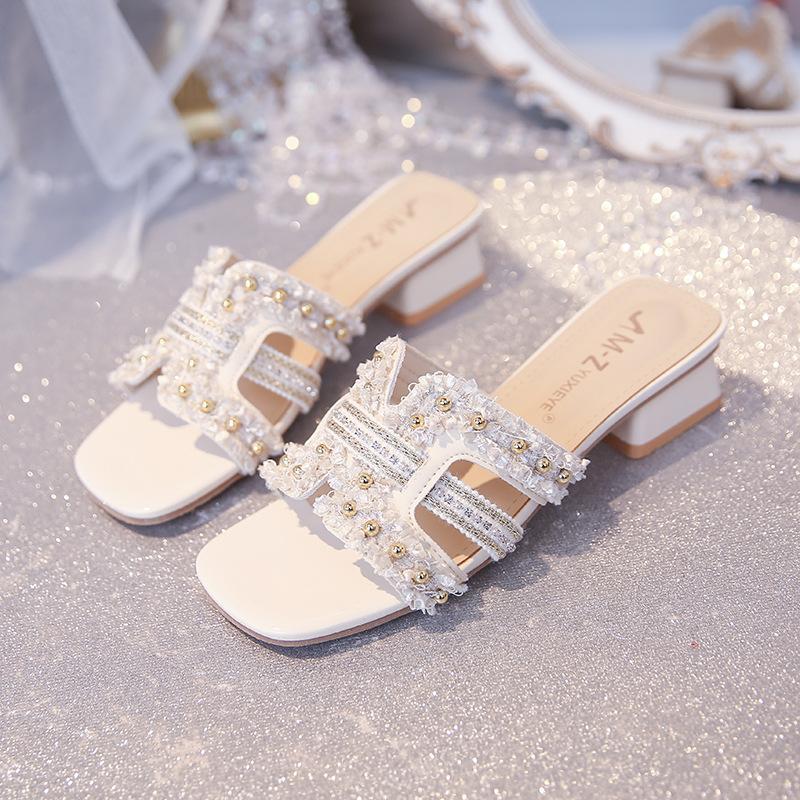 Women's Summer Outer Wear Thick Heel Fashion Medium Heel Not Tired Feet with Skirt Summer Going Out Slippers