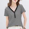 Summer Lady New Fashion Slim Solid Color Comfortable V-neck Tops Women Striped Button All-match Short Sleeve T-shirts