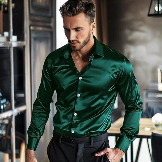 Men's Satin Glossy Shirt Solid Color Long Sleeve Smooth Dress Shirt Lapel
