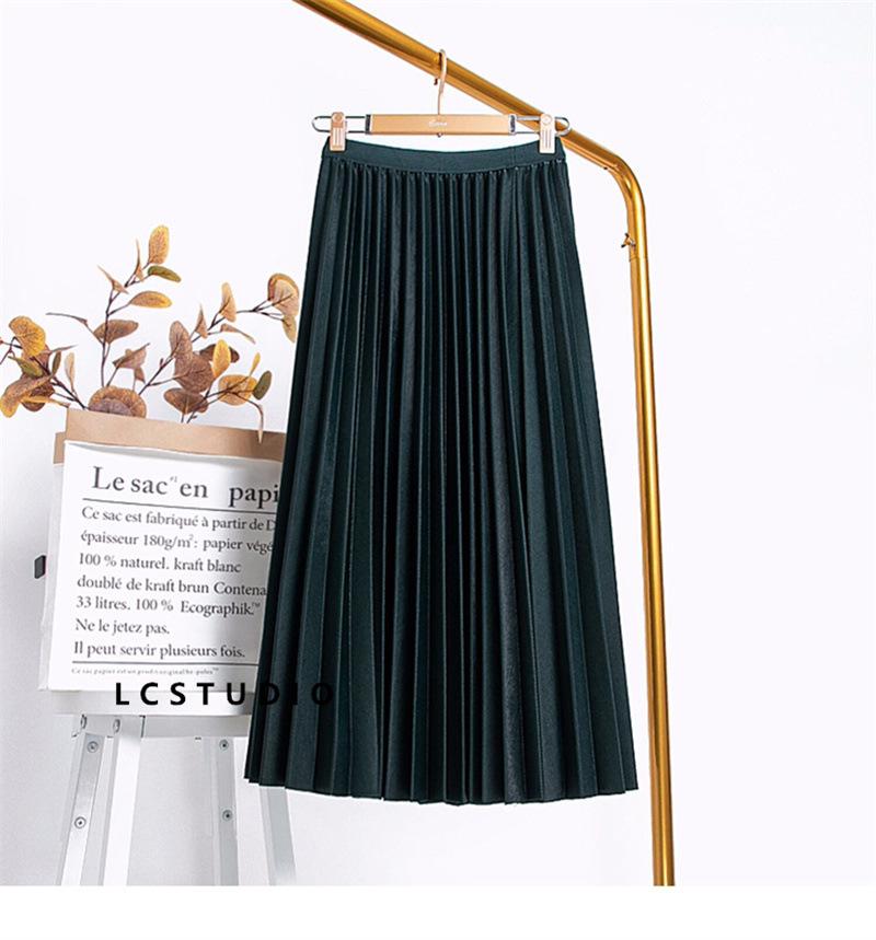 Qooth Elegant A Line Pleated Skirt Spring Summer Long Skirt Women Casual High Waisted Maxi Skirts JM0001