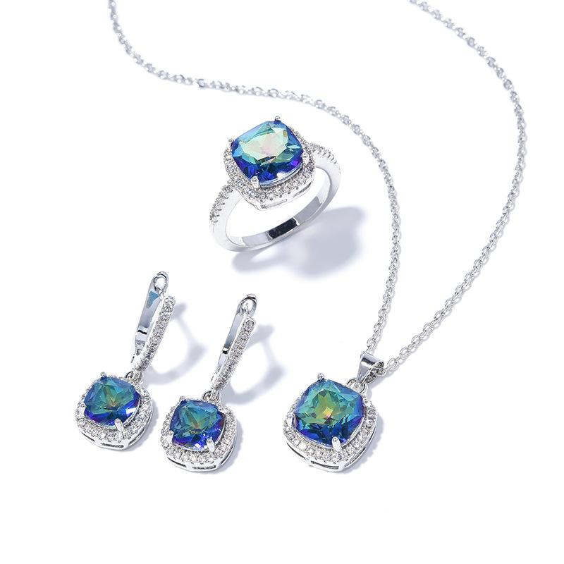 Square Zircon Ring Simple Fashion High Sense Personalized Earrings Necklace Set