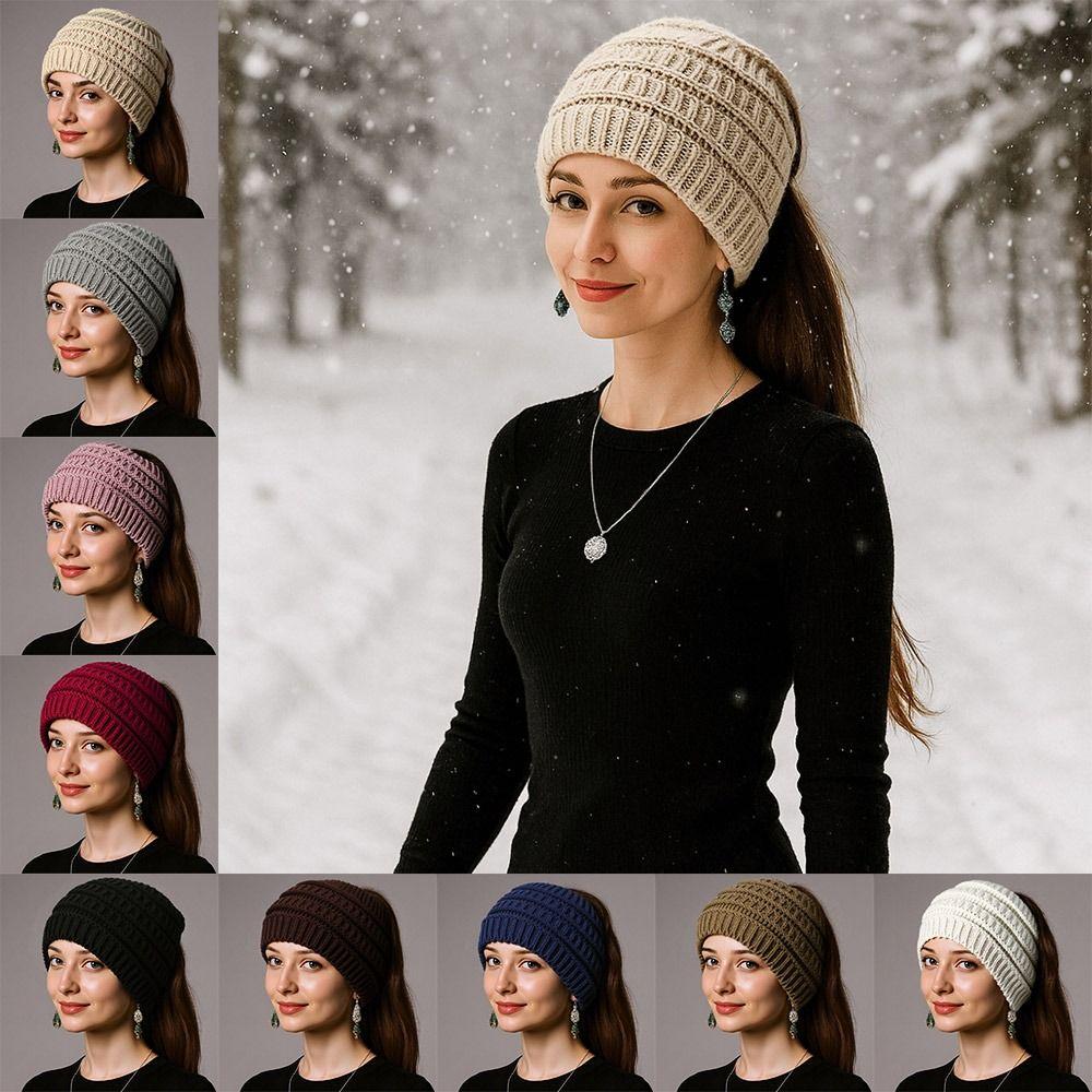 Solid Color Ponytail Beanie Hat Headwear Women's Hat Warm Knitted Hat  Winter