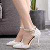 Women Summer Lace Flowers Sandals Sexy Thin High Heels Ankle Strap Shoes Ladies Pointed Toe Gladiator Shoes Party White