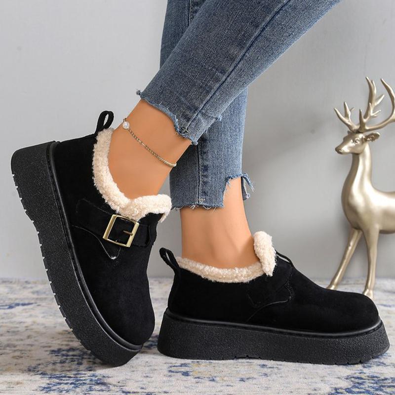 Fashion Winter Soft Faux Suede Furry Snow Boots Woman Adjustable Buckle Ankle Boots Women Solid Color Platform Warm Booties Mujer