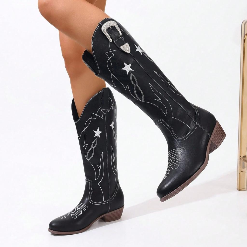 Plus Size Embroidered Tutch Knight Boots Women's High Top Fashionable Versatile New Style European And American Women's Footwear