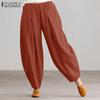 Women Summer Cotton Pants Solid Color Casual Elastic Waist Loose Harem Pants